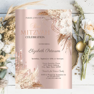 Glitter Drips Boho Flowers Rose Gold Bat Mitzvah   Invitation
