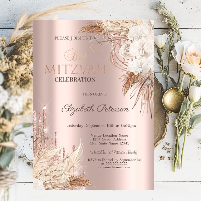 Glitter Drips Boho Flowers Rose Gold Bat Mitzvah   Invitation (Creator Uploaded)
