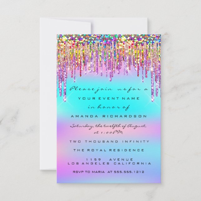 Glitter Drips Bridal Shower Sweet 16th Holograph  Invitation (Front)