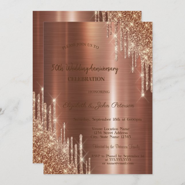  Glitter Drips Brown Metallic Wedding Anniversary Invitation (Front/Back)