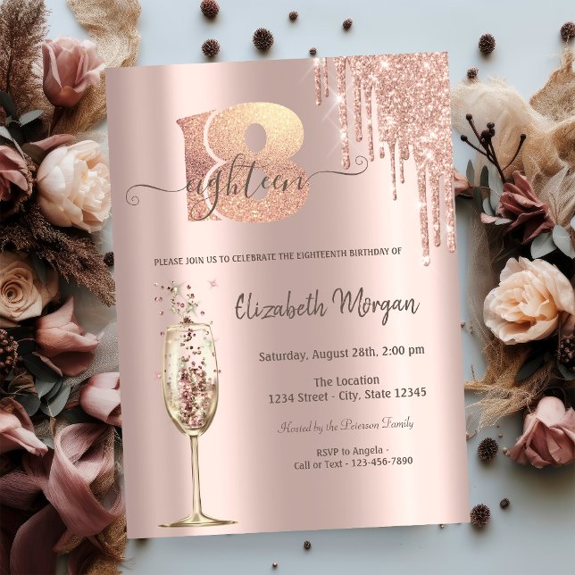  Glitter Drips Champagne Glass 18th Birthday  Invitation (Creator Uploaded)
