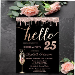 Glitter Drips,Champagne Glass 25th Birthday Party  Invitation