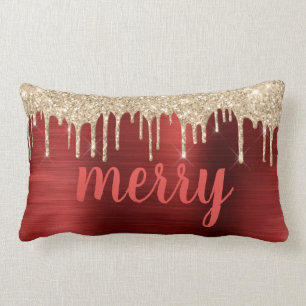 Glitter Drips Christmas Red Metallic Typography Lumbar Cushion