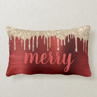Glitter Drips Christmas Red Metallic Typography Lumbar Cushion