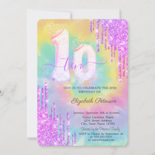 Glitter Drips Colorful Tie Dye 10th Birthday Invitation