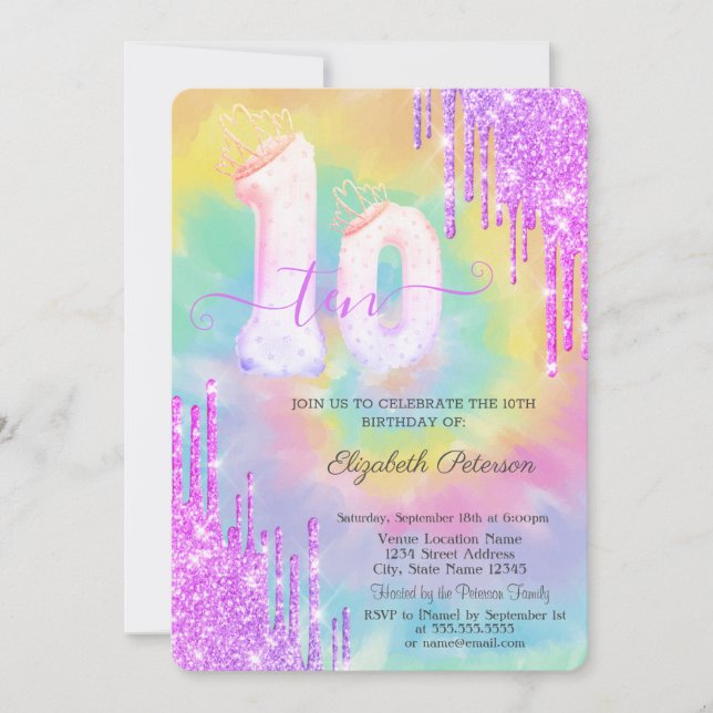 Glitter Drips Colorful Tie Dye 10th Birthday   Invitation (Front)