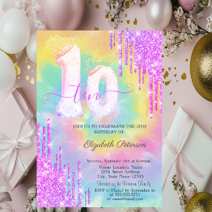 Glitter Drips Colourful Tie Dye 10th Birthday Invitation
