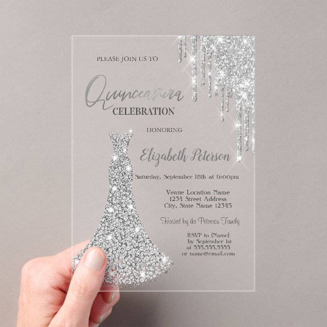  Glitter Drips,Diamonds Dress 5th Birthday Acrylic Invitations (Insitu (Handheld))