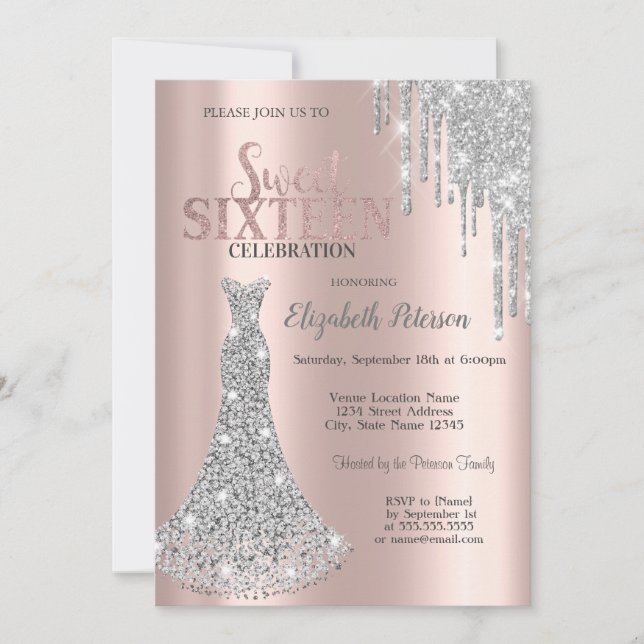 Glitter Drips,Diamonds Dress Rose Gold Sweet 1 Invitation (Front)