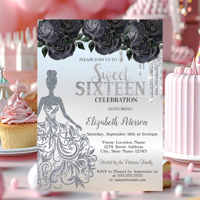 Glitter Drips,Dress Black Roses Sweet 16   Invitat Invitation (Creator Uploaded)