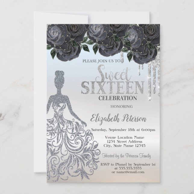 Glitter Drips,Dress Black Roses Sweet 16   Invitation (Front)