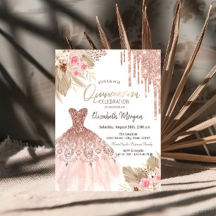 Glitter Drips Dress Boho Flowers Quinceañera Invitation