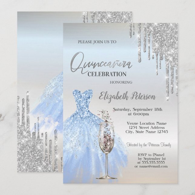 Glitter Drips,Dress,Champagne Glass Quinceañera  Invitation (Front/Back)