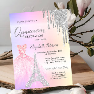 Glitter Drips,Dress,Eiffel Tower Ombre Quinceañera Invitation