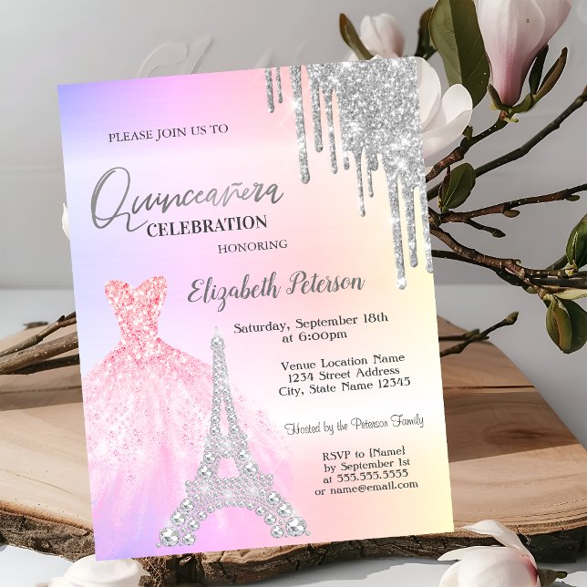 Glitter Drips,Dress,Eiffel Tower Ombre Quinceañera Invitation (Creator Uploaded)