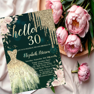 Glitter Drips,Dress,Floral Green 30th Birthday Invitation