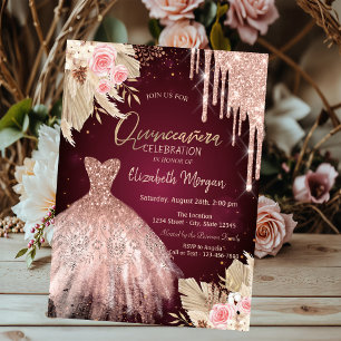 Glitter Drips Dress Flowers Burgundy Quinceañera Invitation