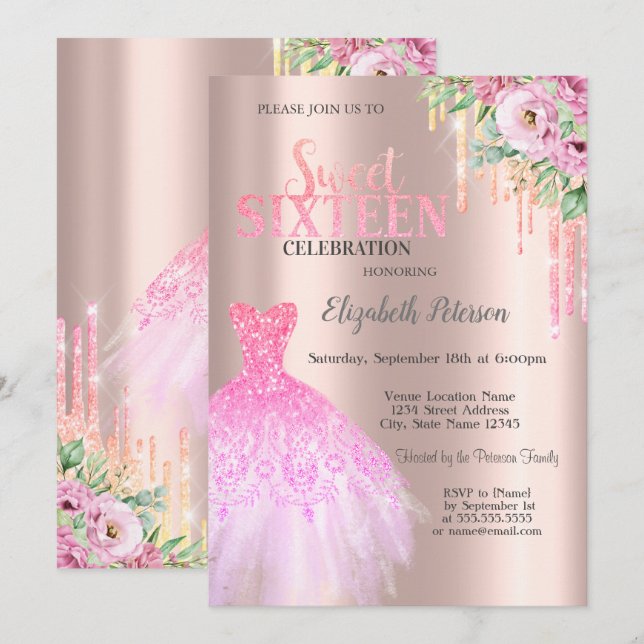 Glitter Drips,Dress Flowers Rose Gold Sweet 16 Invitation (Front/Back)
