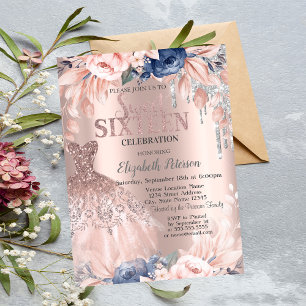 Glitter Drips,Dress,Flowers Rose Gold Sweet 16 Invitation
