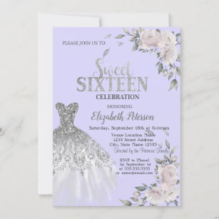 Glitter Drips,Dress,Flowers Violet Sweet 16  Invitation