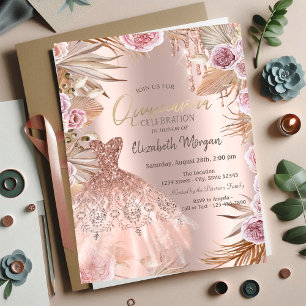 Glitter Drips Dress  Pampas Flowers Quinceañera Invitation