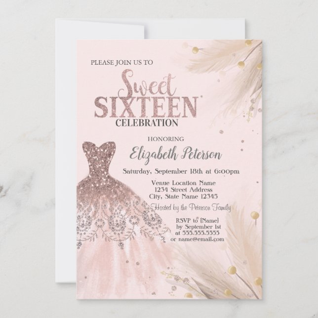 Glitter Drips,Dress,Pampas, Pink Sweet 16   Invitation (Front)
