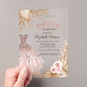 Glitter Drips,Dress,Pampas Rose Gold Sweet 16   Acrylic Invitations