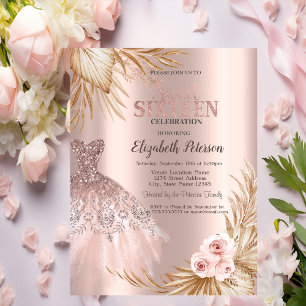 Glitter Drips,Dress,Pampas Rose Gold Sweet 16   Invitation