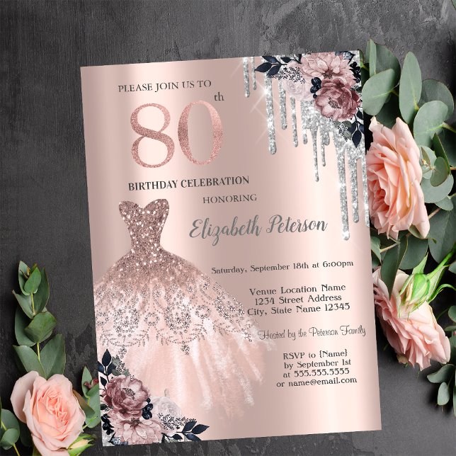  Glitter Drips,Dress,Roses Rose Gold 80th Birthday Invitation (Creator Uploaded)