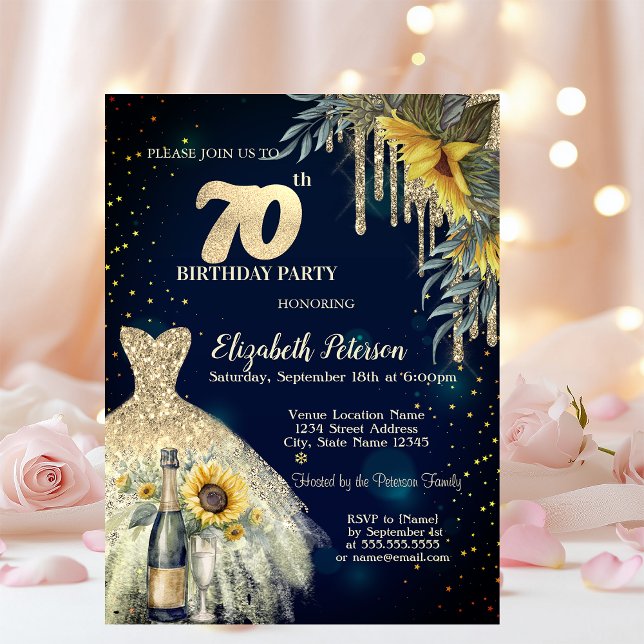 Glitter Drips,Dress,Sunflowers Blue 70th Birthday Invitation (Creator Uploaded)