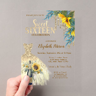 Glitter Drips,Dress,Sunflowers Blue Sweet 16  Acrylic Invitations