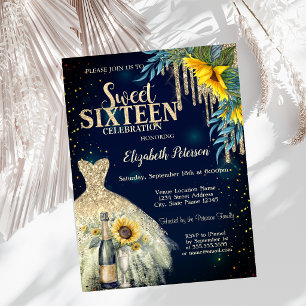 Glitter Drips,Dress,Sunflowers Blue Sweet 16  Invitation