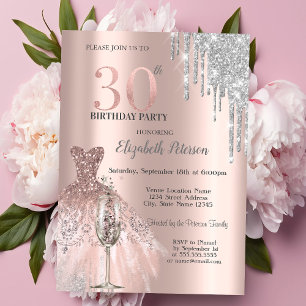 Glitter Drips,Dress Wine Glass 30th Birthday Invitation