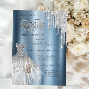 Glitter Drips,Dress Wine Glass Blue Metallic 21st  Invitation