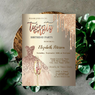 Glitter Drips,Dress Wine Glass Champagne  21st  Invitation