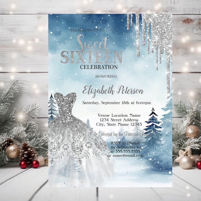 Glitter Drips,Dress Winter Landscape Sweet 16 Invitation (Creator Uploaded)