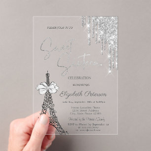  Glitter Drips Eiffel Tower Bow Blue Sweet 16   Acrylic Invitations