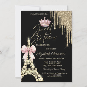 Glitter Drips,Eiffel Tower Bow Crown Sweet 16  Invitation