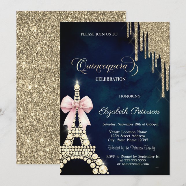 Glitter Drips,Eiffel Tower Bow Navy Blue  Invitation (Front/Back)