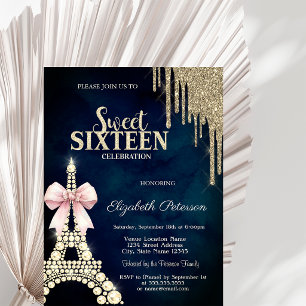 Glitter Drips,Eiffel Tower Bow Navy Blue Sweet 16 Invitation
