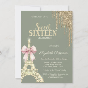 Glitter Drips,Eiffel Tower Bow Sage GreenSweet 16  Invitation