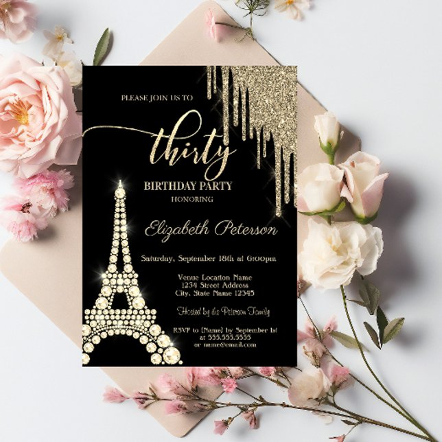 Glitter Drips,Eiffel Tower Diamonds 30th Birthday Invitation (Creator Uploaded)