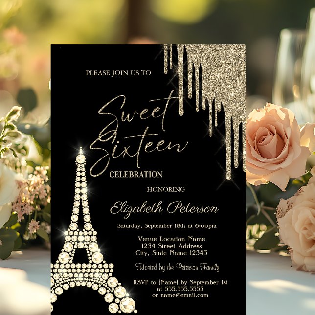 Glitter Drips,Eiffel Tower Diamonds Sweet 16 Invitation (Creator Uploaded)