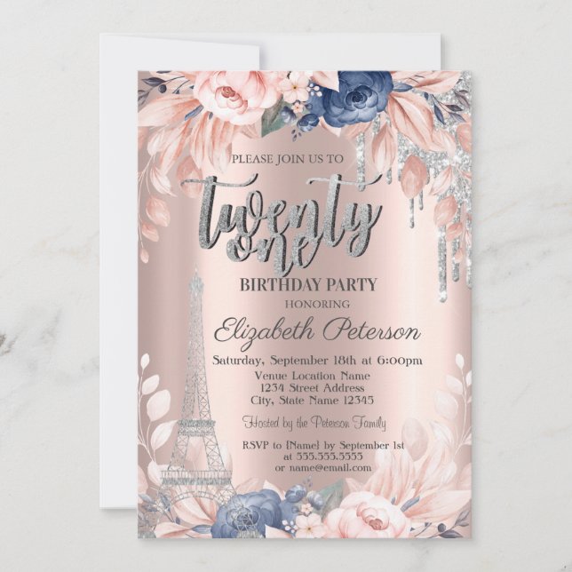  Glitter Drips,Eiffel Tower Flowers 21th Birthday  Invitation (Front)