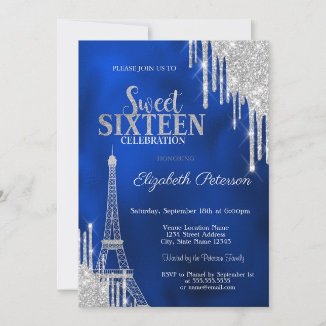 Glitter Drips, Eiffel Tower Royal Blue Sweet 16 Invitation (Front)