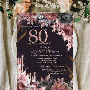 Glitter Drips Floral Dark 80th Birthday Invitation