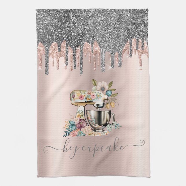 Glitter Drips Floral Mixer Rose Gold  Tea Towel (Vertical)