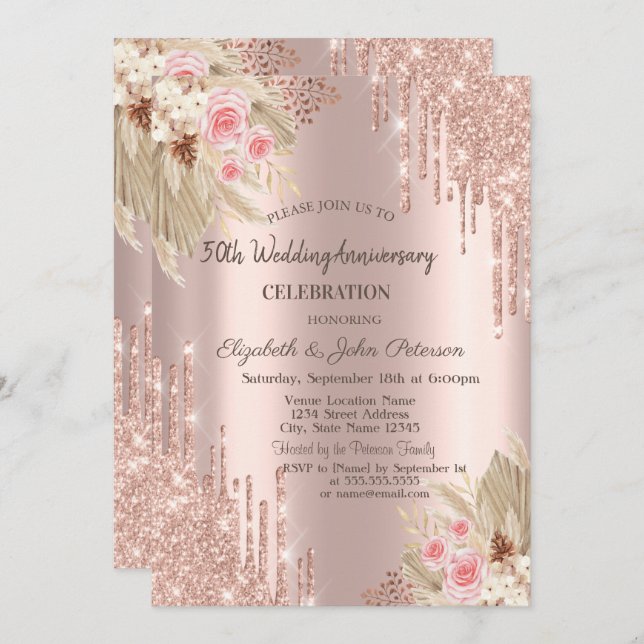 Glitter Drips,Flower Rose Gold Wedding Anniversary Invitation (Front/Back)