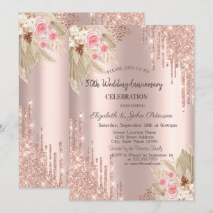 Glitter Drips,Flower Rose Gold Wedding Anniversary Invitation