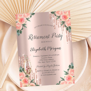 Glitter Drips,Flowers,Glass Rose Gold Retirement  Invitation